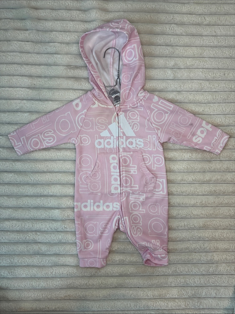 adidas Pink Hooded Baby One-Piece Footie with Logo Print